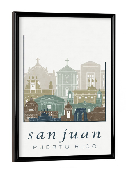 Poster mit schwarzem Rahmen "San Juan skyline light blue" artboxONE - Städte,Reise,Architektur,Kartografie