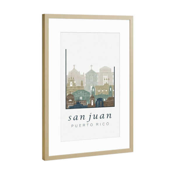 Poster mit Rahmen Gold "San Juan skyline light blue" artboxONE - Städte,Reise,Architektur,Kartografie