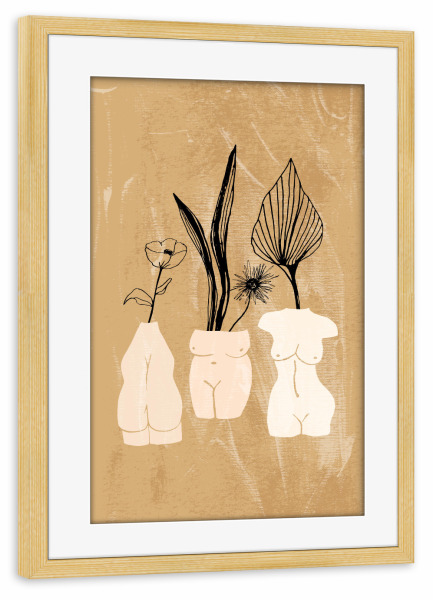Poster mit Rahmen kiefer "3 Woman 2 Flower Vases Bodies" artboxONE - Floral,Abstrakt,Menschen