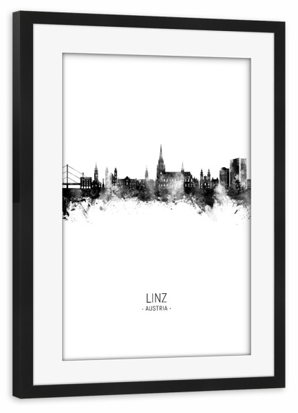 Poster mit Rahmen schwarz "Linz Austria Skyline BW" artboxONE - Städte