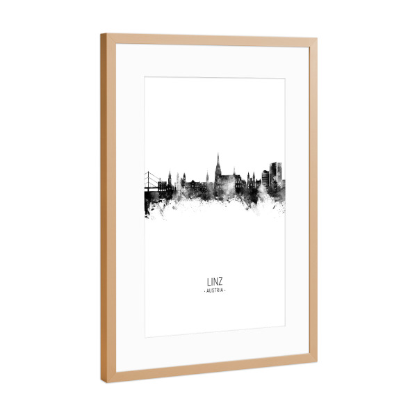 Poster mit Rahmen Kupfer "Linz Austria Skyline BW" artboxONE - Städte