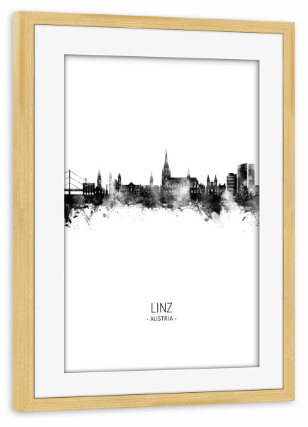 Poster mit Rahmen kiefer "Linz Austria Skyline BW" artboxONE - Städte