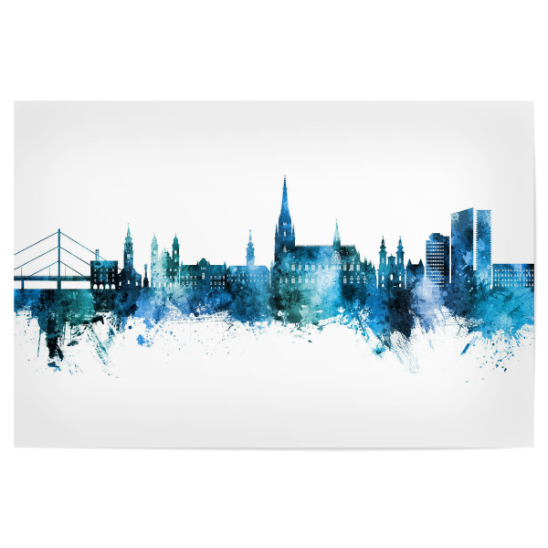 Poster "Linz Austria Skyline Blue" artboxONE - Städte - Linz,Austria,Skyline,Cityscape,Stadtbild,Watercolor,Painting,Stadt,City,Blau