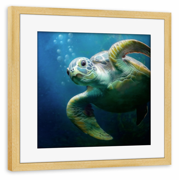 Poster mit Rahmen kiefer "Bubbles die Meeresschildkröte" artboxONE - Natur,Für Kinder,Reise / Strand und Meer,Unterwasser,Lustig