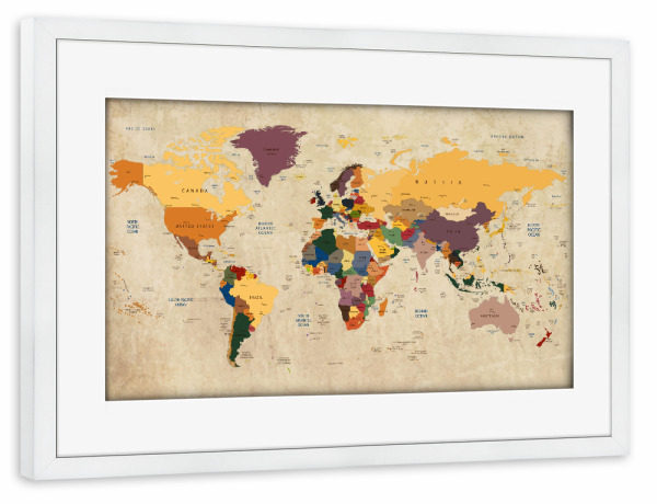 Poster mit Rahmen weiß "World Map Country 2 (matart)" artboxONE - Kartografie