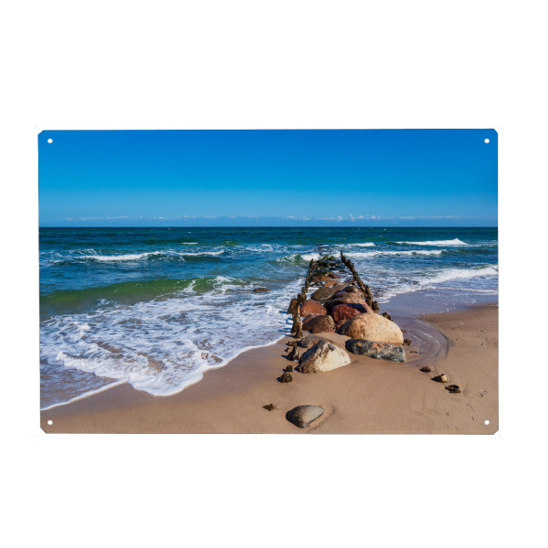 Holzbild "Buhne, Steine und Wellen" artboxONE - Natur,Reise,Reise / Strand und Meer