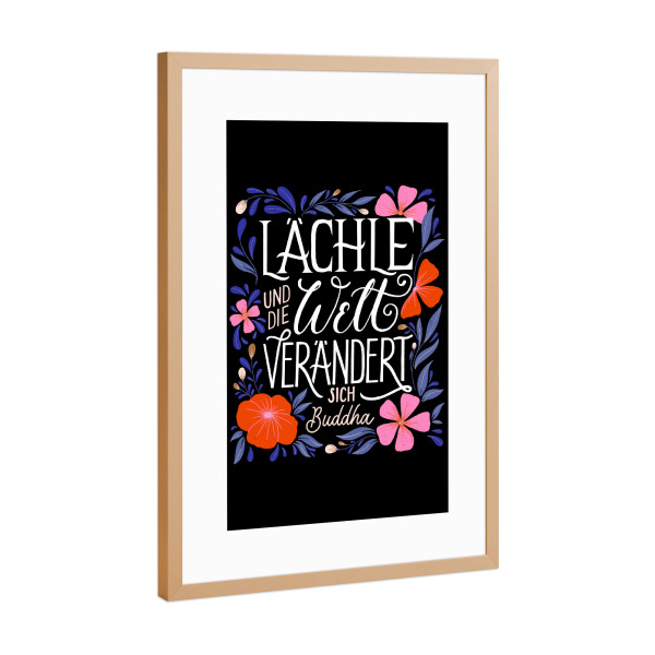 Poster mit Rahmen Kupfer "Lächle und die Welt lächelt mit" artboxONE - Typografie,Natur,Liebe