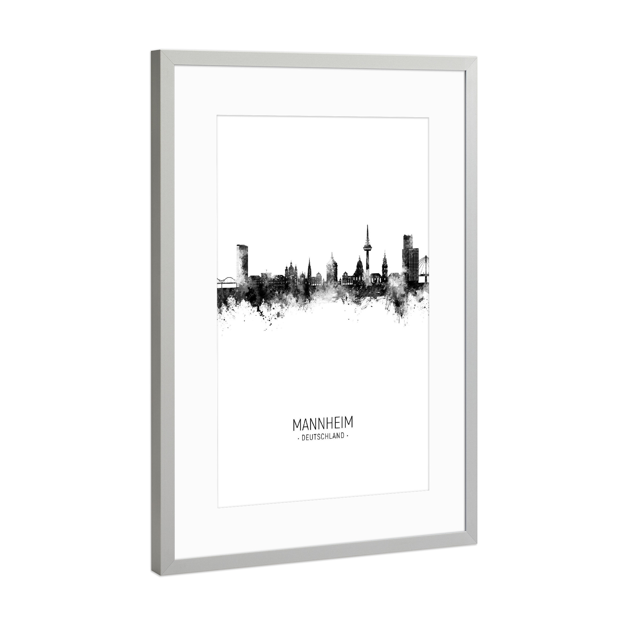 Poster mit Rahmen Silber "Mannheim Germany Skyline BW" artboxONE - Städte