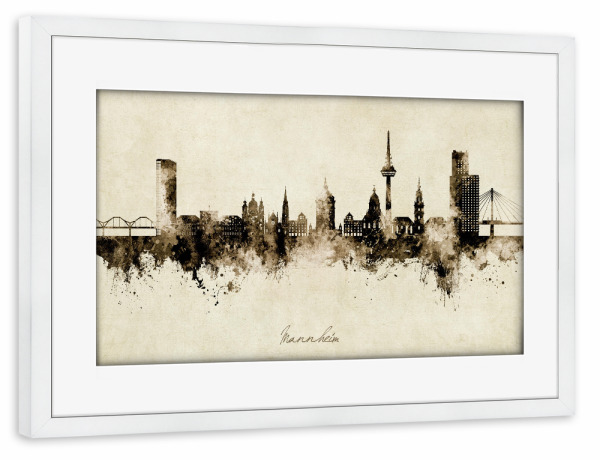 Poster mit Rahmen weiß "Mannheim Germany Skyline Sepia" artboxONE - Städte