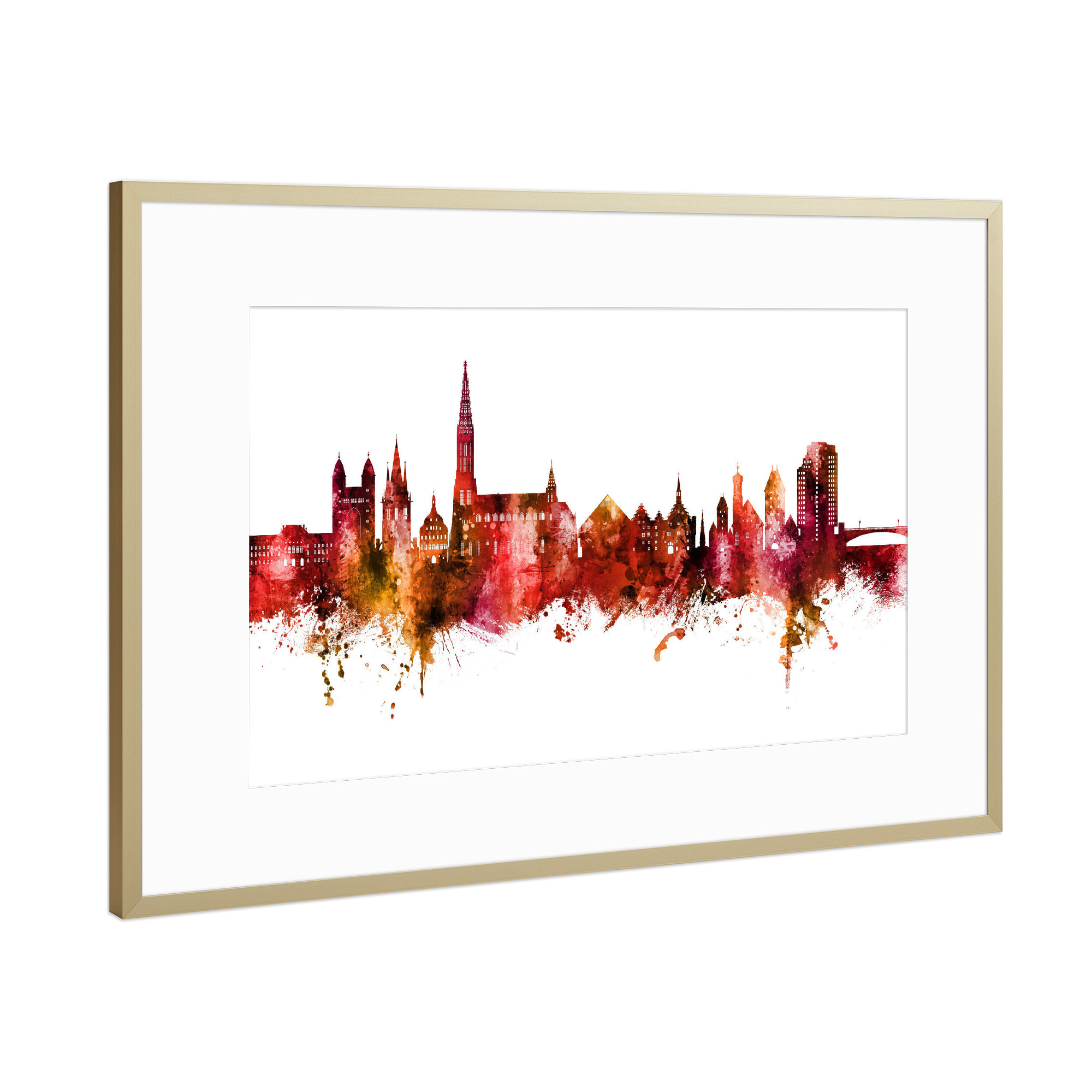 Poster mit Rahmen Gold "Ulm Germany Skyline Red" artboxONE - Städte