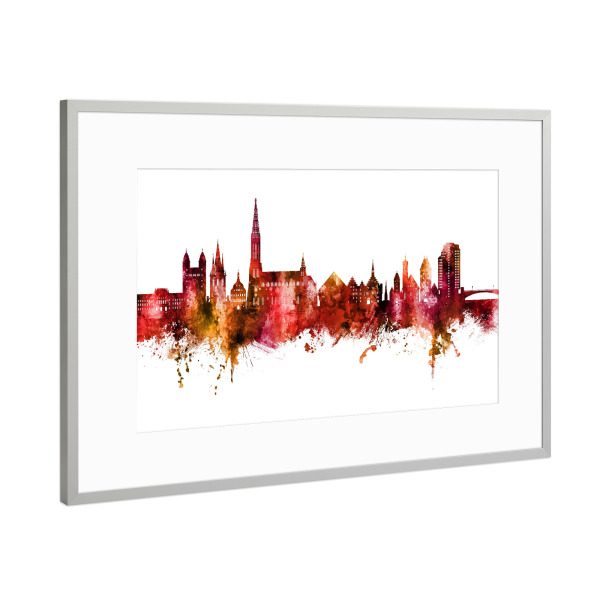Poster mit Rahmen Silber "Ulm Germany Skyline Red" artboxONE - Städte