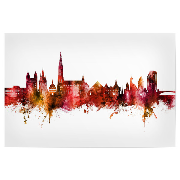 Poster "Ulm Germany Skyline Red" artboxONE - Städte - Ulm,Deutschland,Skyline,Cityscape,Stadtbild,Watercolor,Painting,City,Stadt,Germany