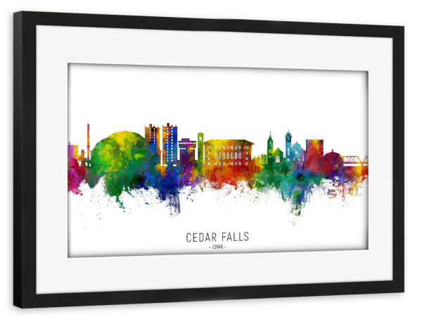 Poster mit Rahmen schwarz "Cedar Falls Iowa Skyline txt" artboxONE - Städte