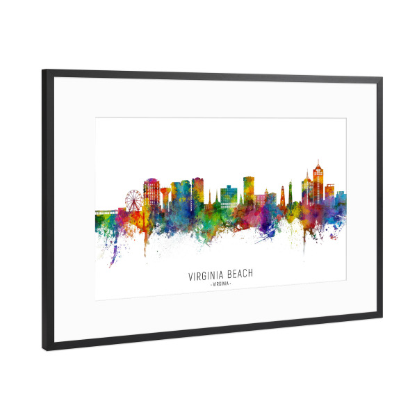 Poster mit Rahmen Schwarz (Metallic) "Virginia Beach Skyline txt" artboxONE - Städte