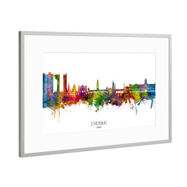 Poster mit Rahmen Silber "Chennai Skyline India txt" artboxONE - Städte