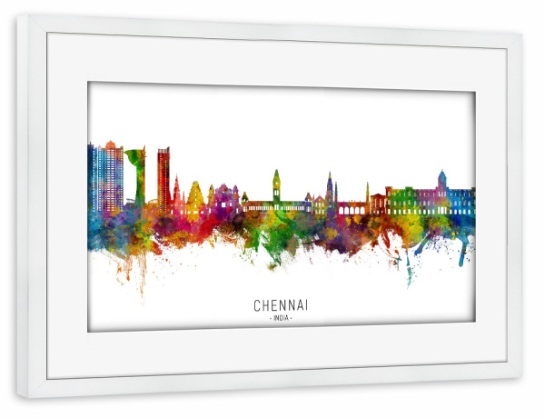 Poster mit Rahmen weiß "Chennai Skyline India txt" artboxONE - Städte