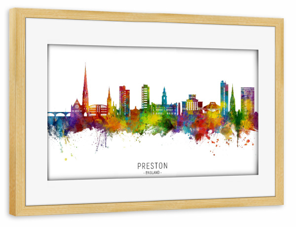 Poster mit Rahmen kiefer "Preston England Skyline txt" artboxONE - Städte