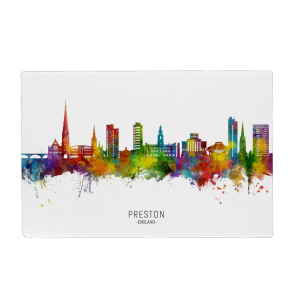 Holzbild "Preston England Skyline txt" artboxONE - Städte - Preston,England,Skyline,Cityscape,Stadtbild,Watercolor,Painting,City,Stadt,Bunt,Colorful