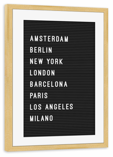 Poster mit Rahmen kiefer "Letterboard Städte Welt" artboxONE - Städte,Städte / New York,Typografie,Reise,Schwarzweiß