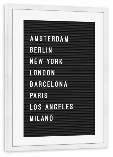 Poster mit Rahmen weiß "Letterboard Städte Welt" artboxONE - Städte,Städte / New York,Typografie,Reise,Schwarzweiß