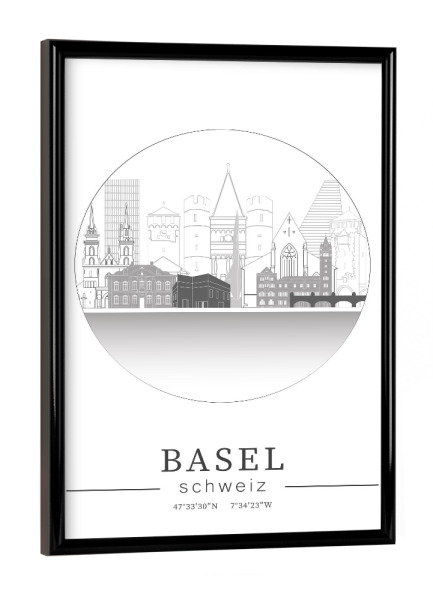 Poster mit schwarzem Rahmen "Basel skyline line art circle" artboxONE - Städte,Reise,Architektur,Kartografie