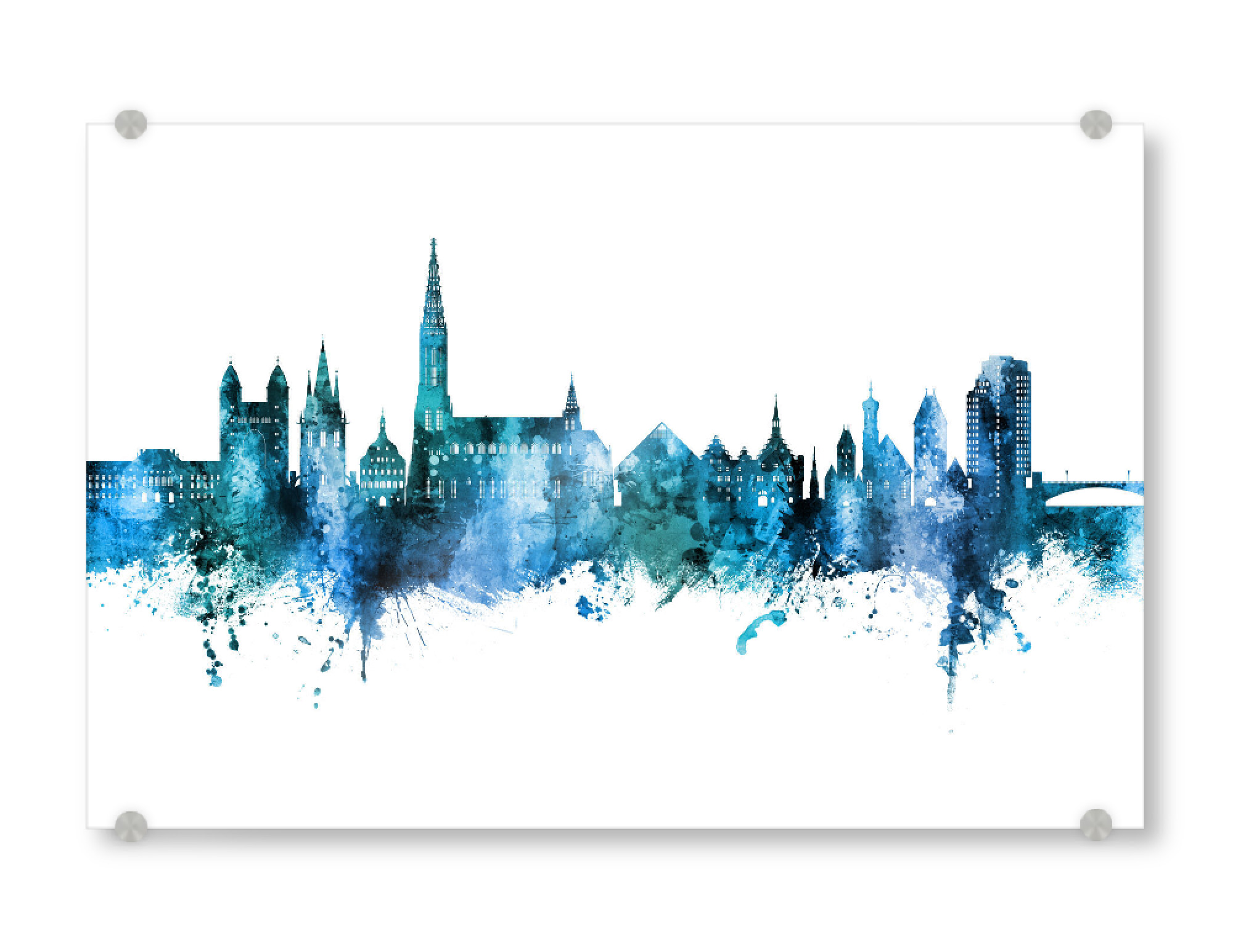 Acrylglasbild "Ulm Germany Skyline Blue" artboxONE - Städte - Ulm,Deutschland,Skyline,Cityscape,Stadtbild,Watercolor,Painting,City,Stadt,Germany