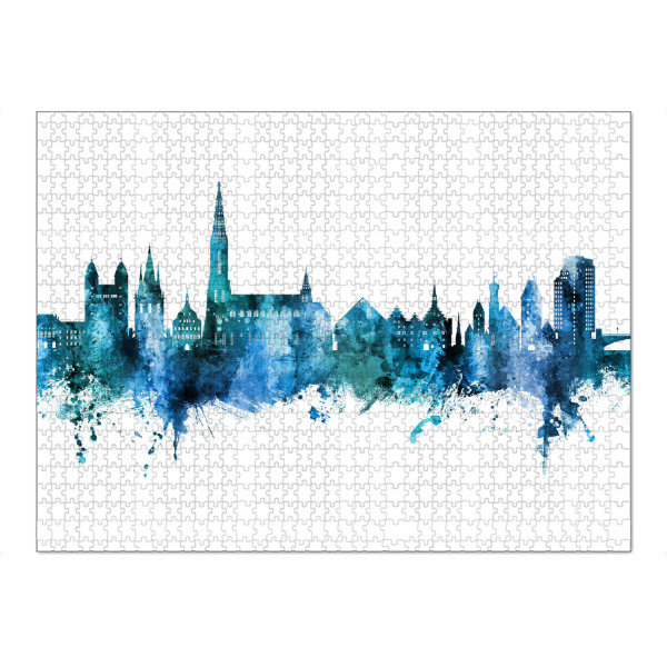 Puzzle Ravensburger "Ulm Germany Skyline Blue" artboxONE - Städte - Ulm,Deutschland,Skyline,Cityscape,Stadtbild,Watercolor,Painting,City,Stadt,Germany