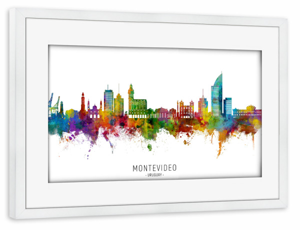 Poster mit Rahmen weiß "Montevideo Skyline Uruguay txt" artboxONE - Städte