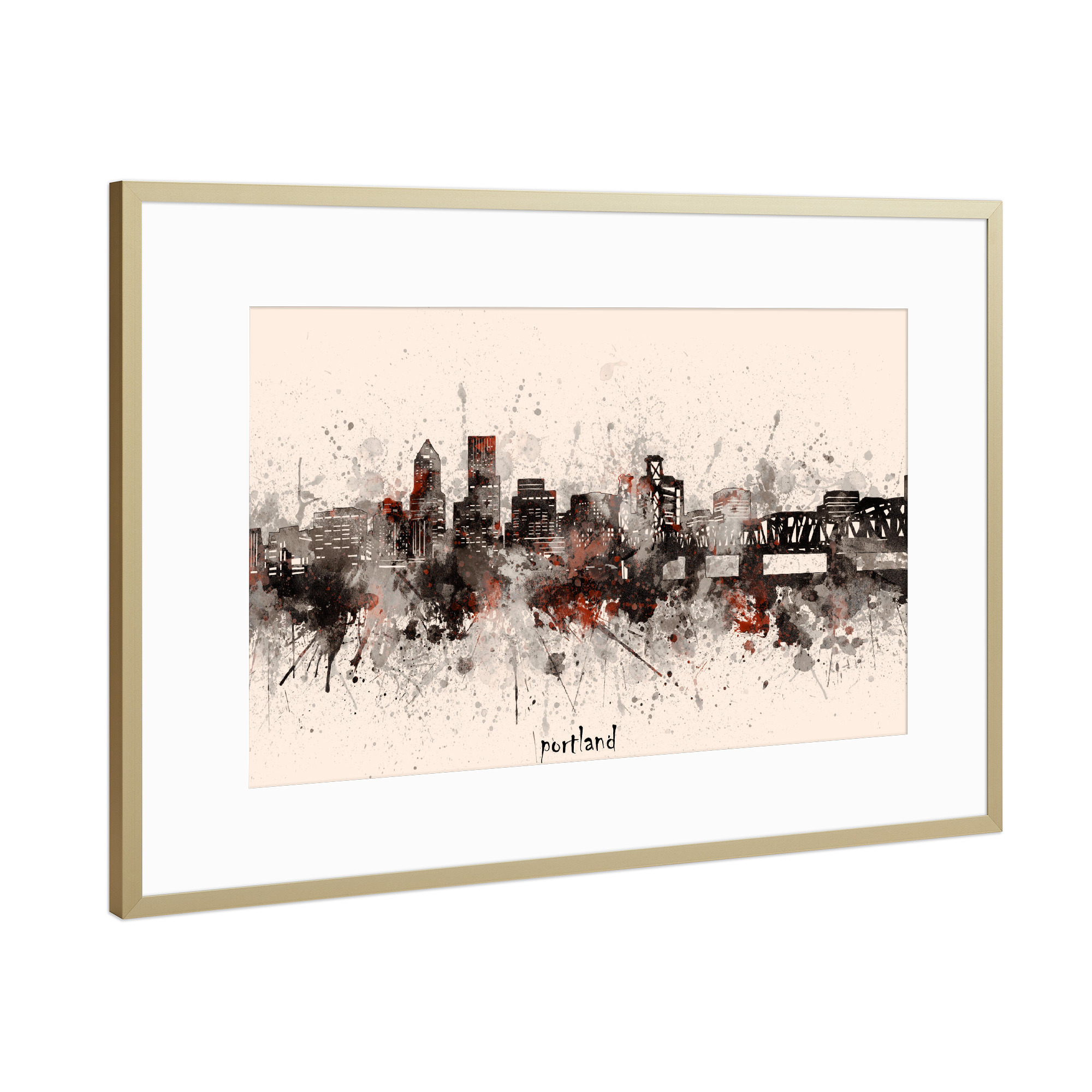 Poster mit Rahmen Gold "Portland skyline artistic beige" artboxONE - Städte,Reise,Architektur