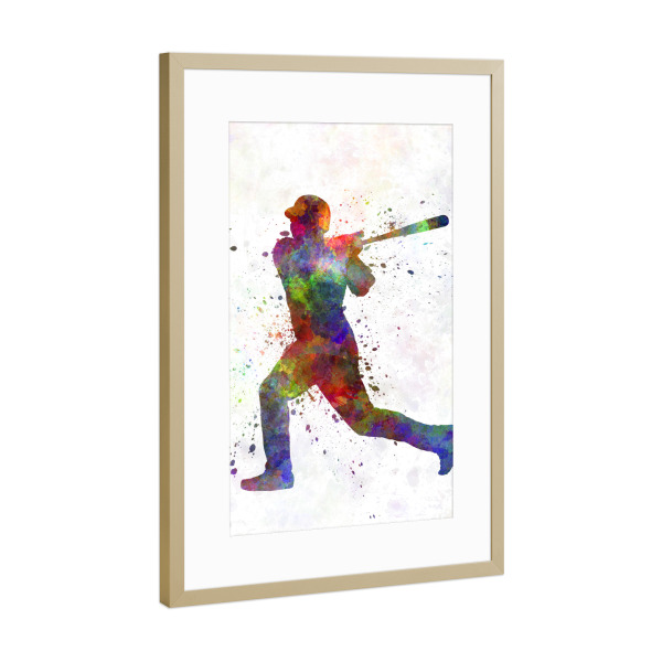 Poster mit Rahmen Gold "American baseball player" artboxONE - Sport - America,Sport,Sports,Baseball,Colorful,Stadium,Bat,Player,Pitcher,Watercolor