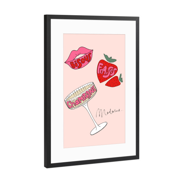 Poster mit Rahmen Schwarz (Metallic) "Bisous Fraises Champagne Madame" artboxONE - Liebe,Essen & Trinken / Alkohol,Essen & Trinken / Obst & Gemüse