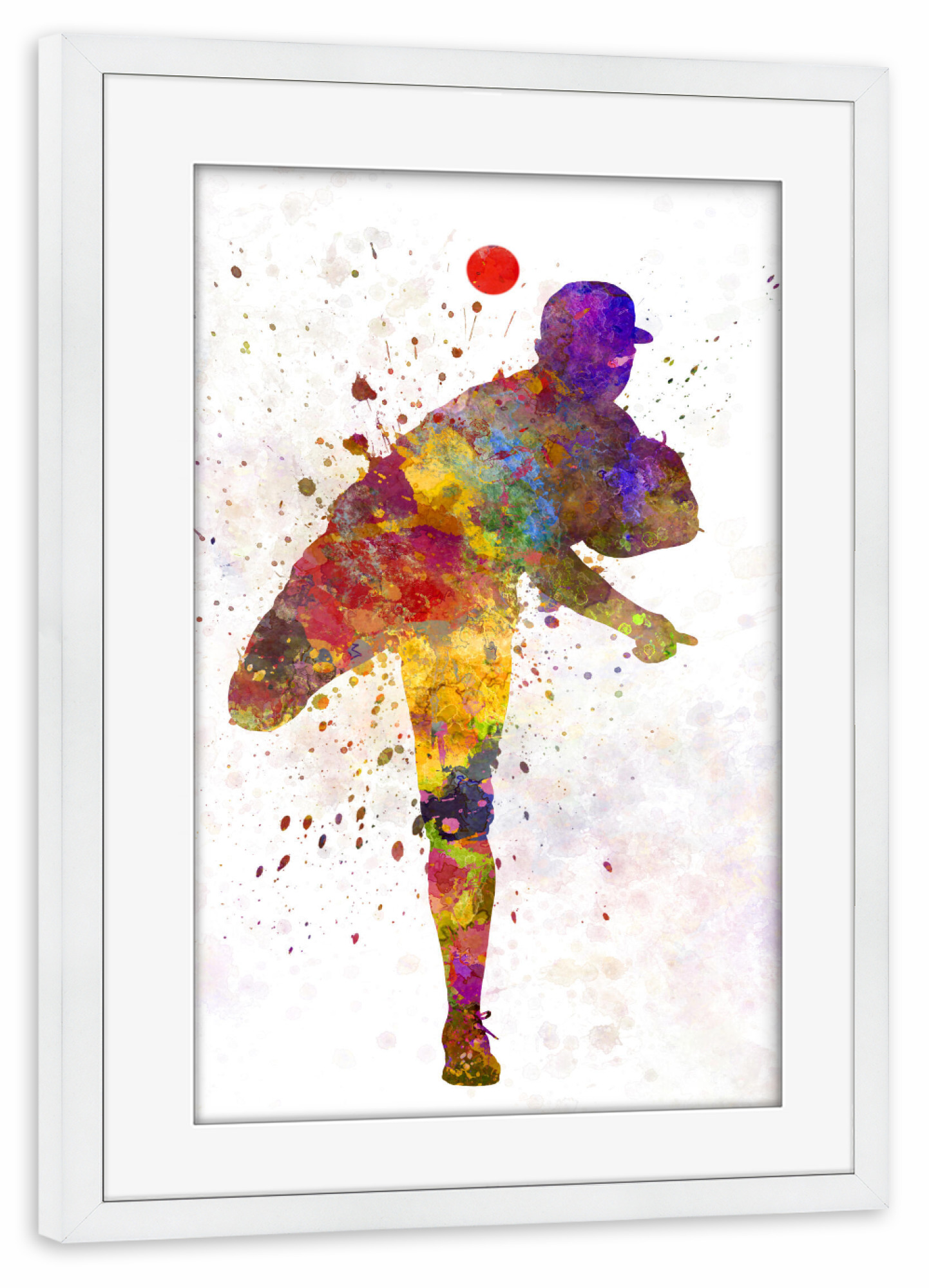 Poster mit Rahmen weiß "Male baseball pitcher" artboxONE - Sport - America,Sport,Sports,Colorful baseball,Bat,Stadium,Player,Pitcher,Watercolor