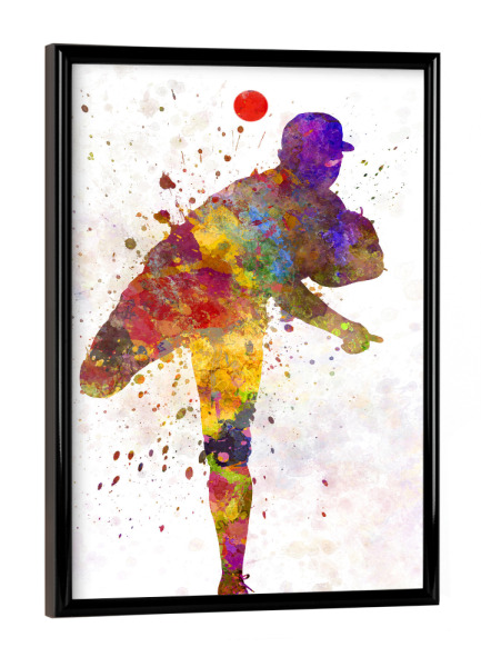 Poster mit schwarzem Rahmen "Male baseball pitcher" artboxONE - Sport - America,Sport,Sports,Colorful baseball,Bat,Stadium,Player,Pitcher,Watercolor