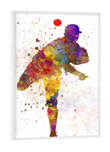 Poster mit weißem Rahmen "Male baseball pitcher" artboxONE - Sport - America,Sport,Sports,Colorful baseball,Bat,Stadium,Player,Pitcher,Watercolor