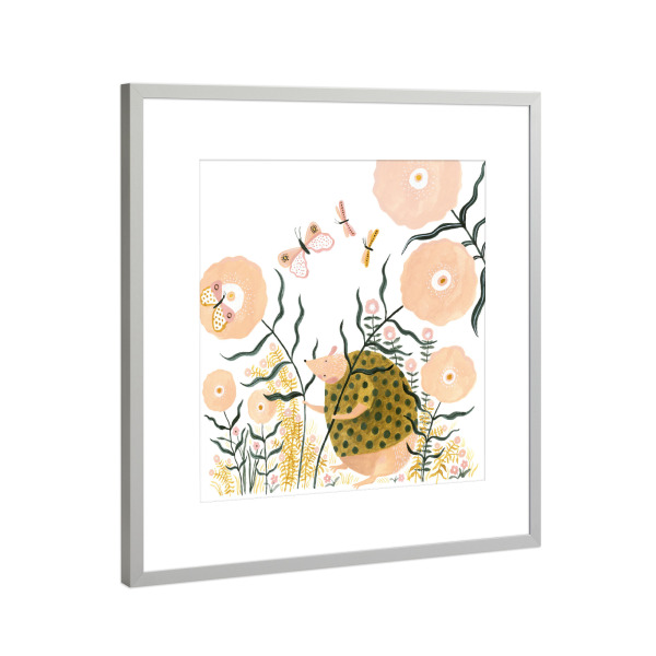 Poster mit Rahmen Silber "Voglhuber - Igel Geht Spazieren" artboxONE - Natur,Floral,Für Kinder,Tiere