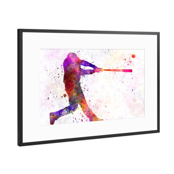 Poster mit Rahmen Schwarz (Metallic) "Baseball player hitting a ball" artboxONE - Sport - Baseball,Bat,Colorful,America,Splash,Stadium,Sport,Sports