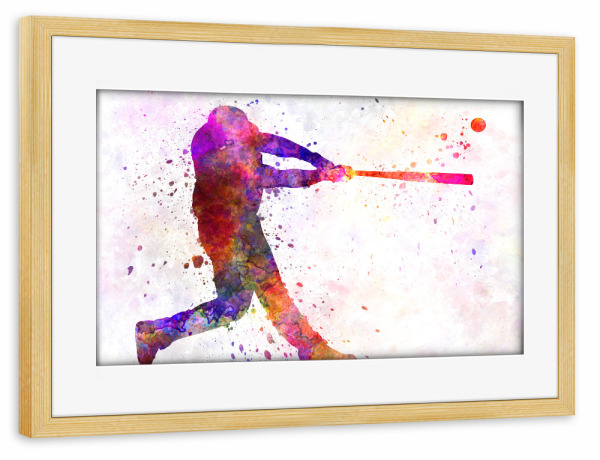 Poster mit Rahmen kiefer "Baseball player hitting a ball" artboxONE - Sport - Baseball,Bat,Colorful,America,Splash,Stadium,Sport,Sports