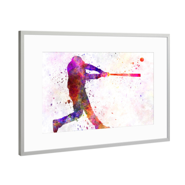 Poster mit Rahmen Silber "Baseball player hitting a ball" artboxONE - Sport - Baseball,Bat,Colorful,America,Splash,Stadium,Sport,Sports