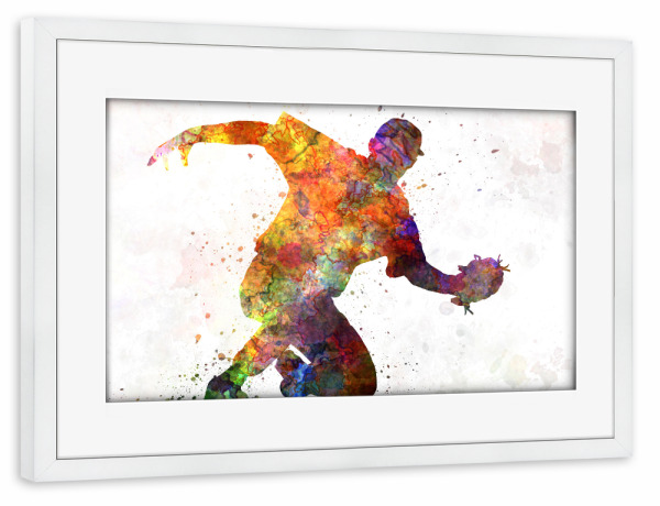 Poster mit Rahmen weiß "Baseball player catching a ball" artboxONE - Sport - Baseball,Bat,Colorful,America,Splash,Stadium,Sport,Sports