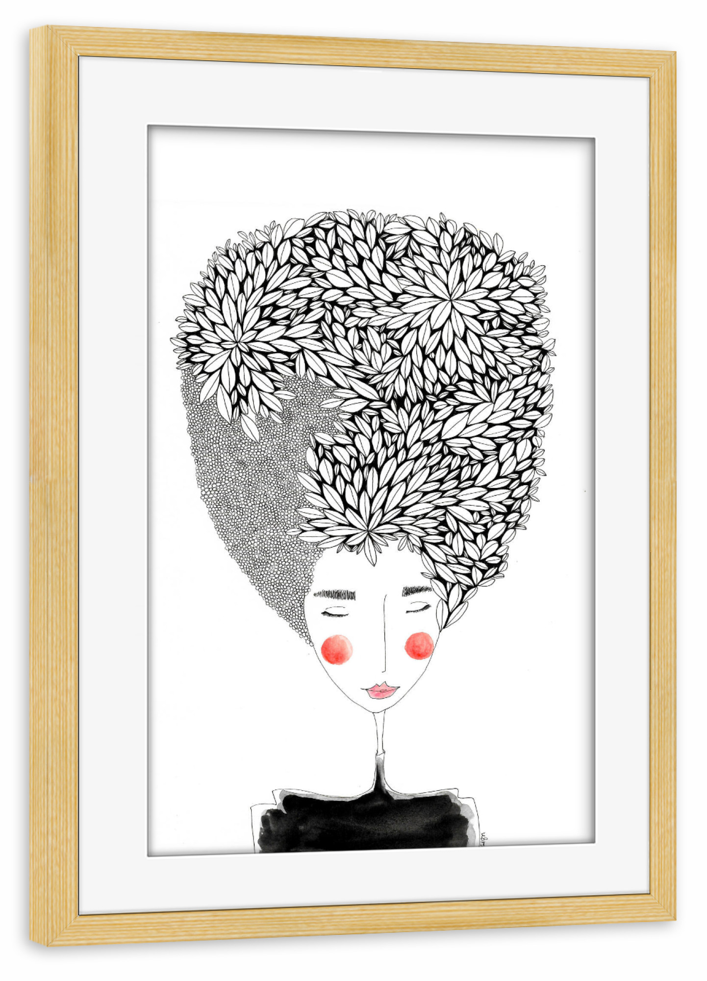 Poster mit Rahmen kiefer "Bianca Peters - Blätterhaar" artboxONE - Floral,Menschen,Schwarzweiß,Fashion