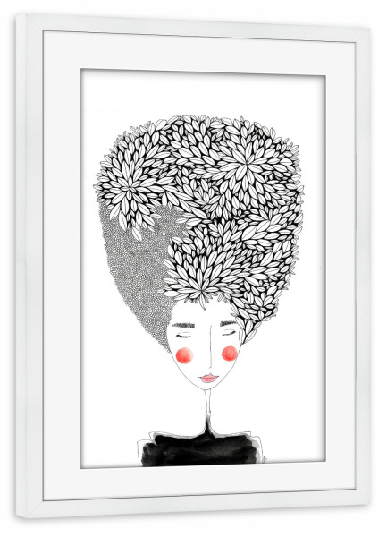 Poster mit Rahmen weiß "Bianca Peters - Blätterhaar" artboxONE - Floral,Menschen,Schwarzweiß,Fashion