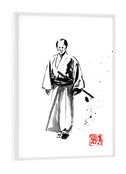 Poster mit weißem Rahmen "Walking samurai" artboxONE - Menschen,Schwarzweiß - Samouraï,Sumie,Japon,Japan,Schwarzweiß,Blackandwhite