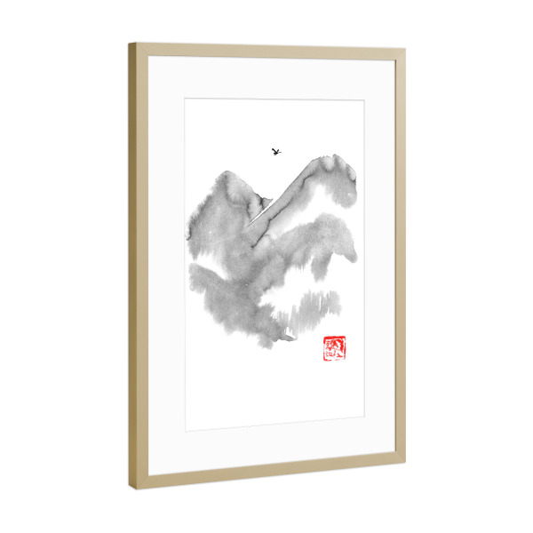 Poster mit Rahmen Gold "Bird over the mountain" artboxONE - Natur - Montagne,Sumie,Japon,Des oiseaux