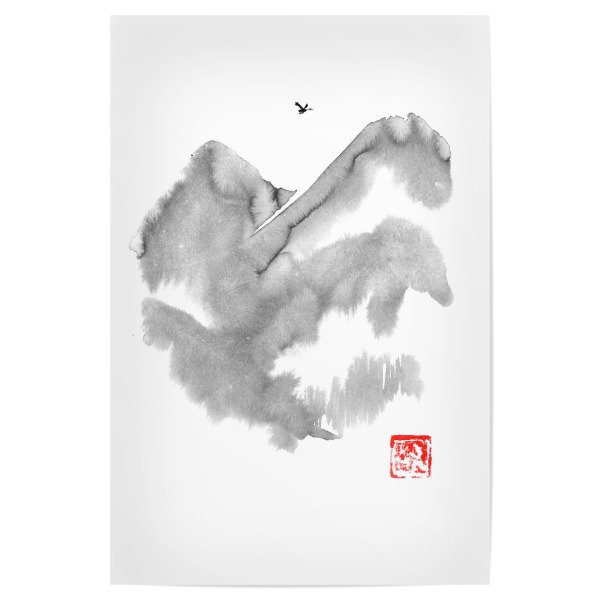 Poster 30x20 cm "Bird over the mountain" artboxONE - Natur - Montagne,Sumie,Japon,Des oiseaux