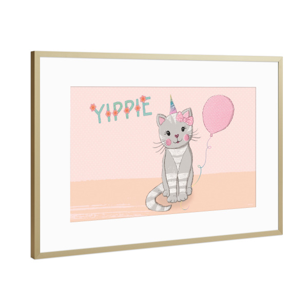 Poster mit Rahmen Gold "Yippie. Süße Katze mit Einhorn" artboxONE - Typografie,Für Kinder,Tiere,Lustig