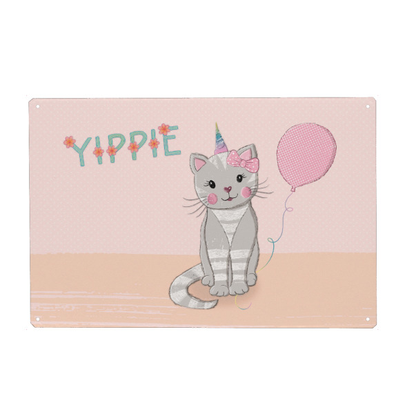 Metall Poster "Yippie. Süße Katze mit Einhorn" artboxONE - Typografie,Für Kinder,Tiere,Lustig