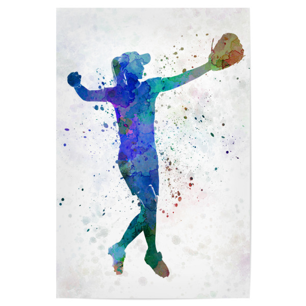 Poster 30x20 cm "Softball player" artboxONE - Sport - Softball,Sport,Sports,Bat,Ball,Baseball,Woman,Stadium,Colorful,Splashes,Competition,Watercolor