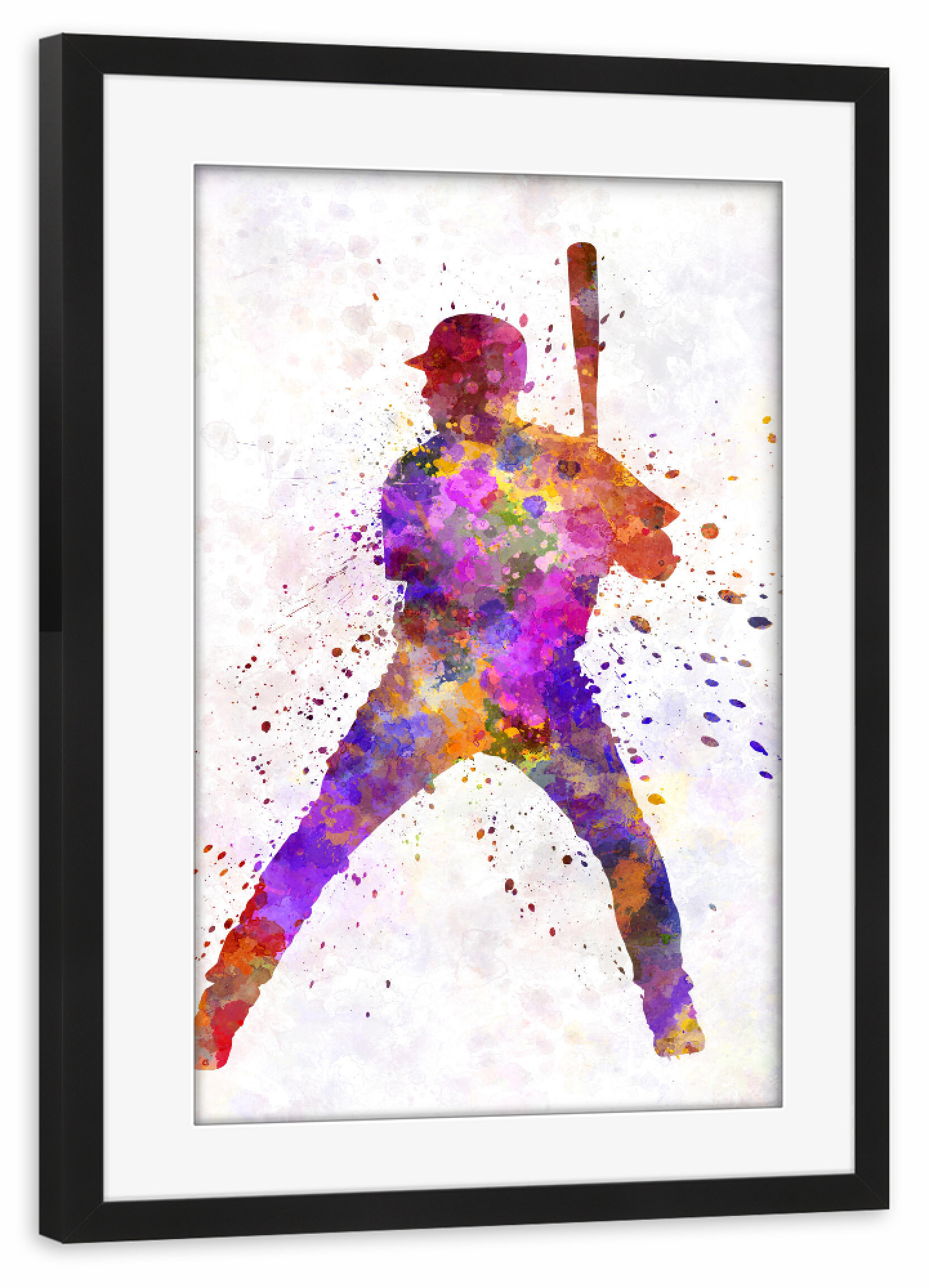 Poster mit Rahmen schwarz "Baseball player" artboxONE - Sport - America,Sport,Sports,Colorful baseball,Bat,Stadium,Player,Pitcher,Watercolor