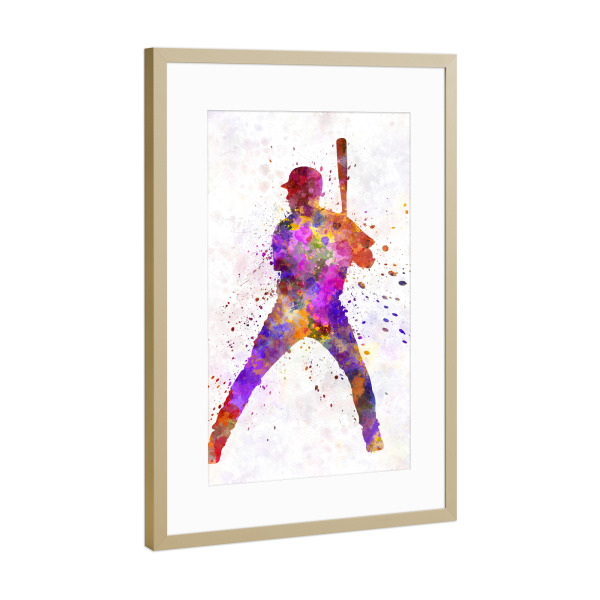 Poster mit Rahmen Gold "Baseball player" artboxONE - Sport - America,Sport,Sports,Colorful baseball,Bat,Stadium,Player,Pitcher,Watercolor