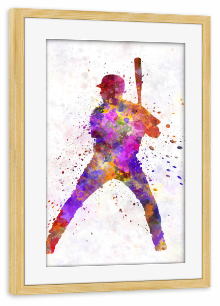 Poster mit Rahmen kiefer "Baseball player" artboxONE - Sport - America,Sport,Sports,Colorful baseball,Bat,Stadium,Player,Pitcher,Watercolor
